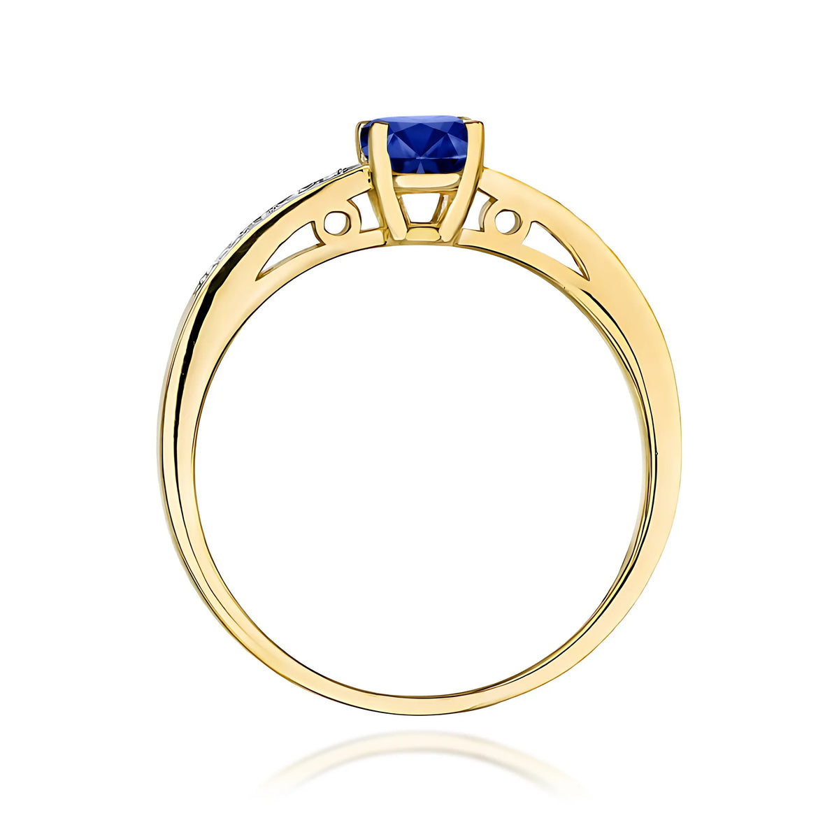 Prsteň zo žltého 14k zlata s diamantmi na ramenách prsteňa s modrým zafírom 0,50 ct a diamantmi 0,05 ct