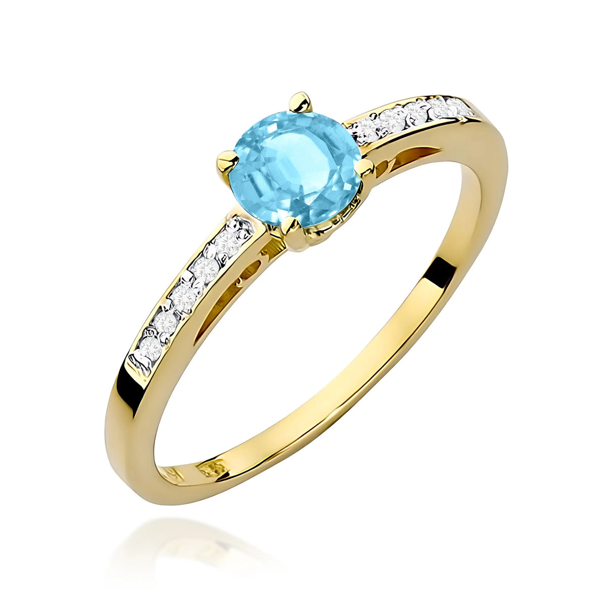 Prsteň zo žltého 14k zlata s diamantmi na ramenách prsteňa s topásom Swiss Blue 0,50 ct a diamantmi 0,05 ct