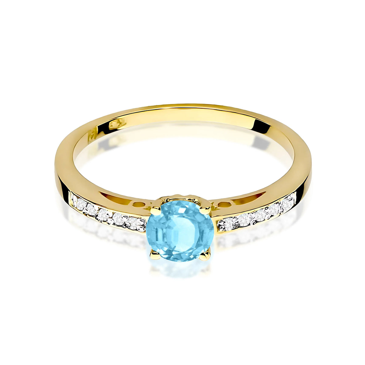 Prsteň zo žltého 14k zlata s diamantmi na ramenách prsteňa s topásom Swiss Blue 0,50 ct a diamantmi 0,05 ct