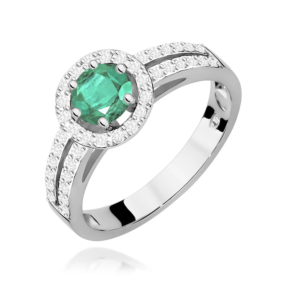 Pavé prsten z bílého 14k zlata s kulatým smaragdem 0,50 ct a diamanty 0,20 ct