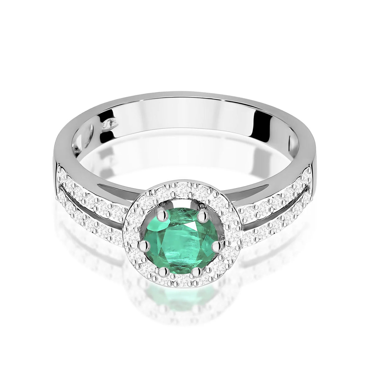 Pavé prsten z bílého 14k zlata s kulatým smaragdem 0,50 ct a diamanty 0,20 ct