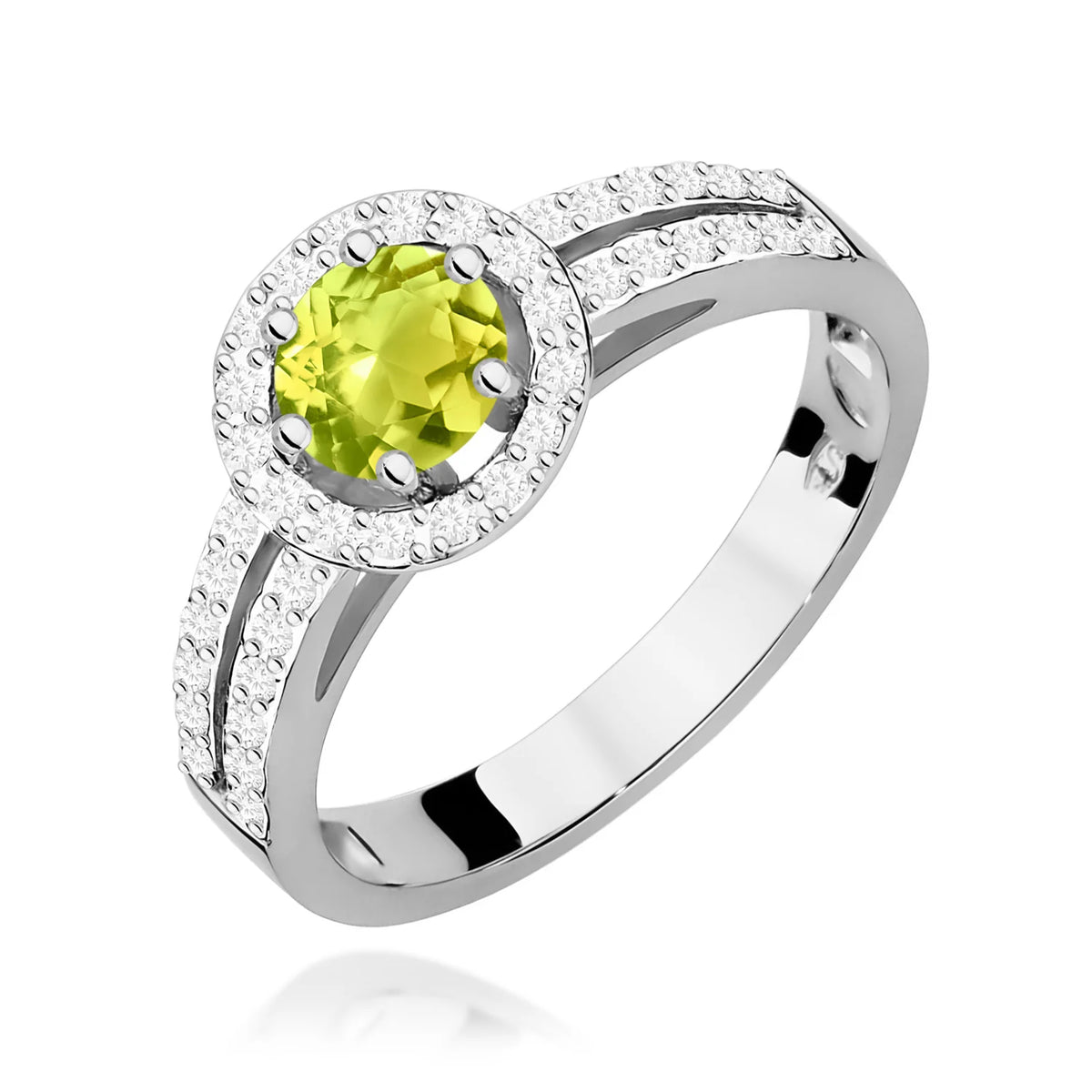 Prsten z bílého zlata s 0,60ct olivínem a 0,20ct diamanty