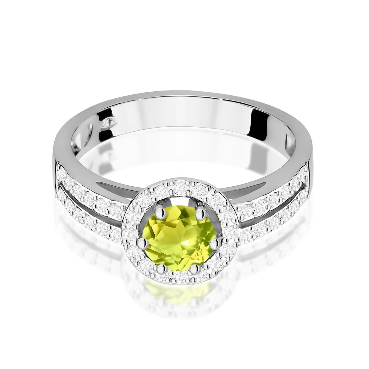 Prsten z bílého zlata s 0,60ct olivínem a 0,20ct diamanty
