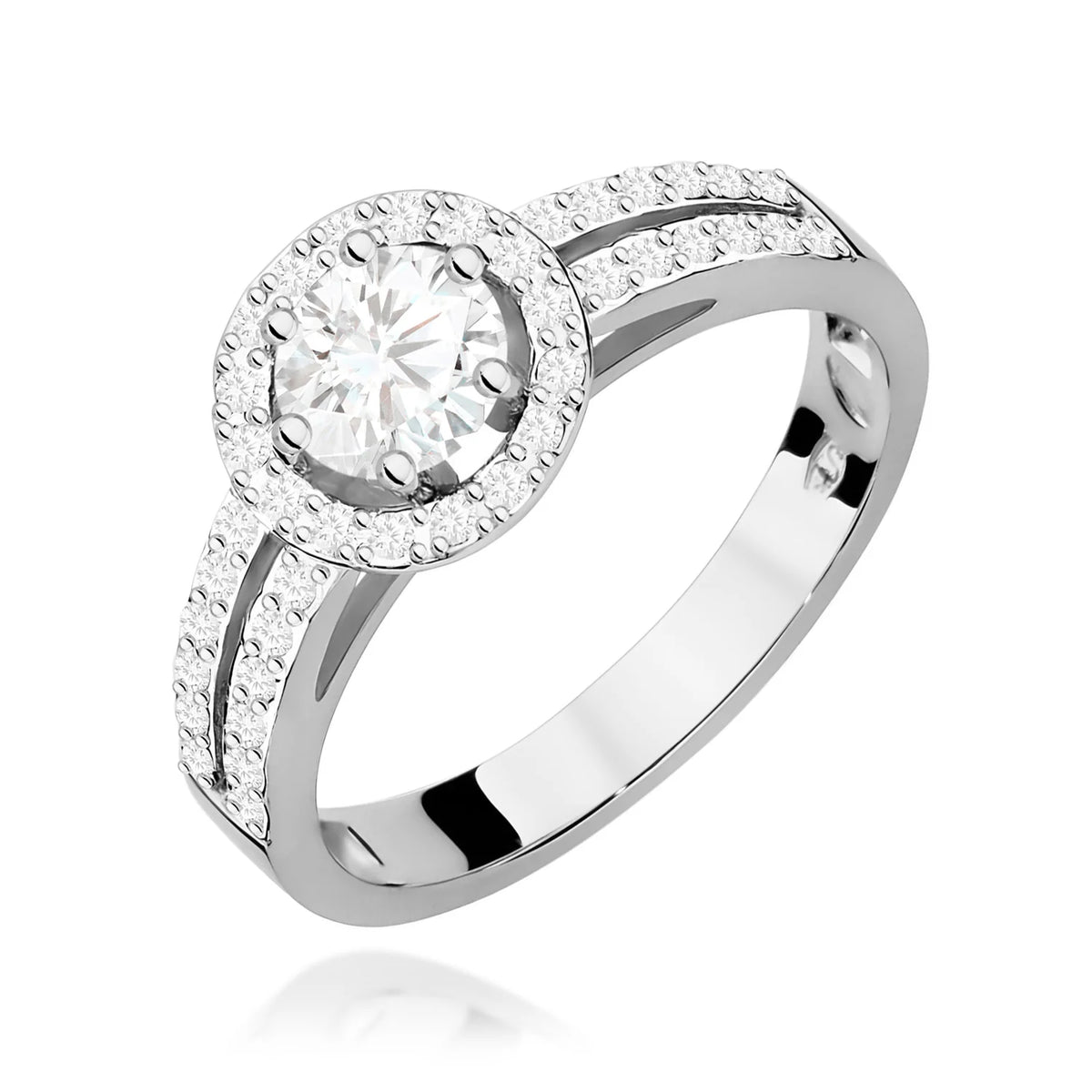 Pavé prsteň z bieleho 14k zlata s okrúhlym bielym zafírom 0,60 ct a diamantmi 0,20 ct
