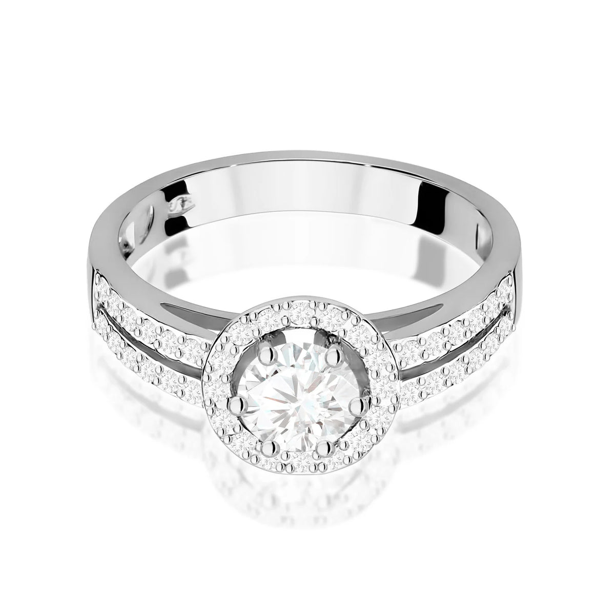 Pavé prsteň z bieleho 14k zlata s okrúhlym bielym zafírom 0,60 ct a diamantmi 0,20 ct