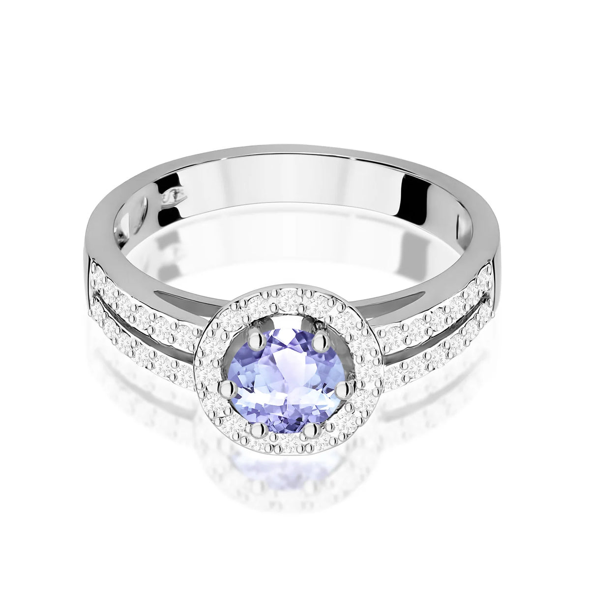 Pavé prsten z bílého 14k zlata s kulatým tanzanitem 0,50 ct a diamanty 0,20 ct