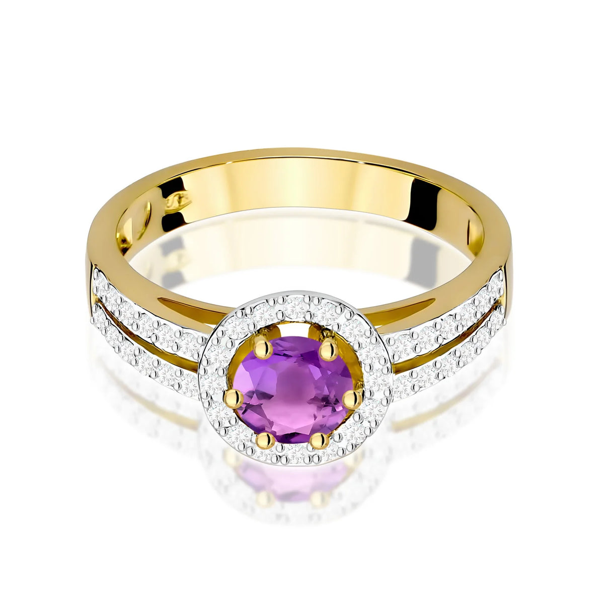 Pavé prsteň zo žltého 14k zlata s okrúhlym ametystom 0,50 ct a diamantmi 0,20 ct