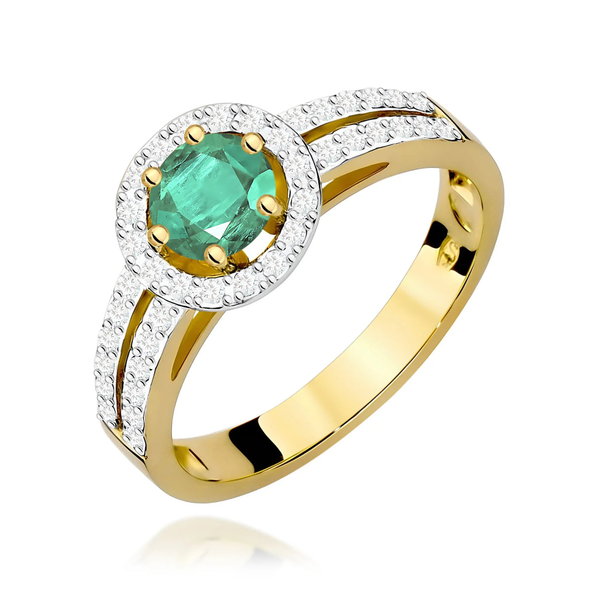 Halo-Pavé-Ring aus 585er Gelbgold mit rundem Smaragd 0,50 ct und Diamanten 0,20 ct