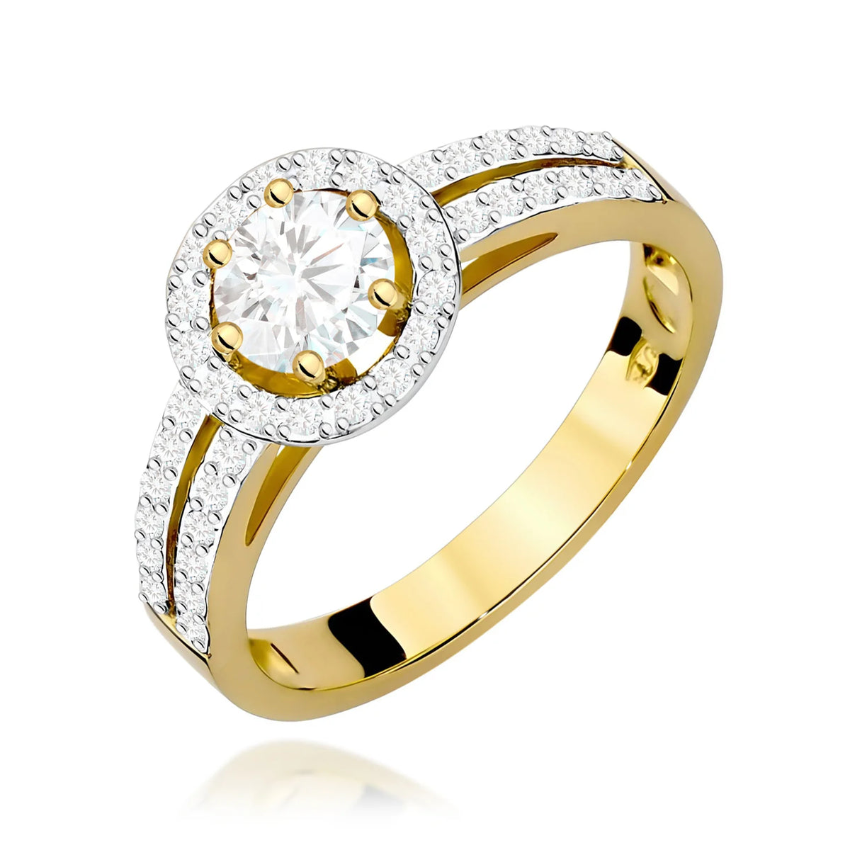 Pavé prsteň zo žltého 14k zlata s okrúhlym bielym zafírom 0,60 ct a diamantmi 0,2 ct