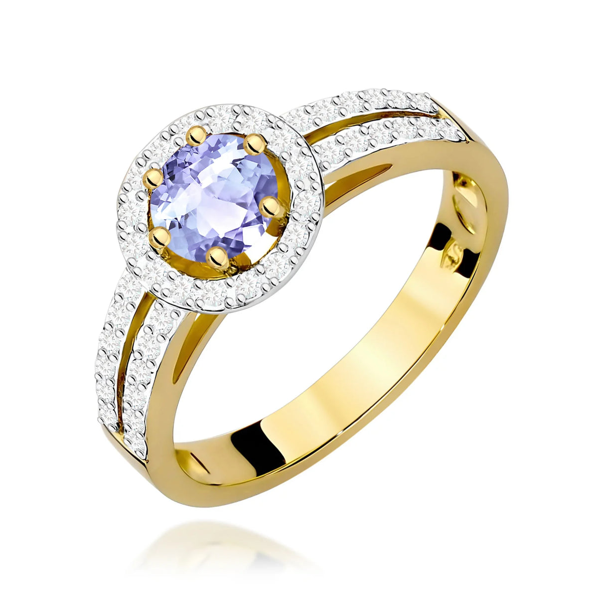 Pavé prsteň zo žltého 14k zlata s okrúhlym tanzanitom 0,50 ct a diamantmi 0,20 ct