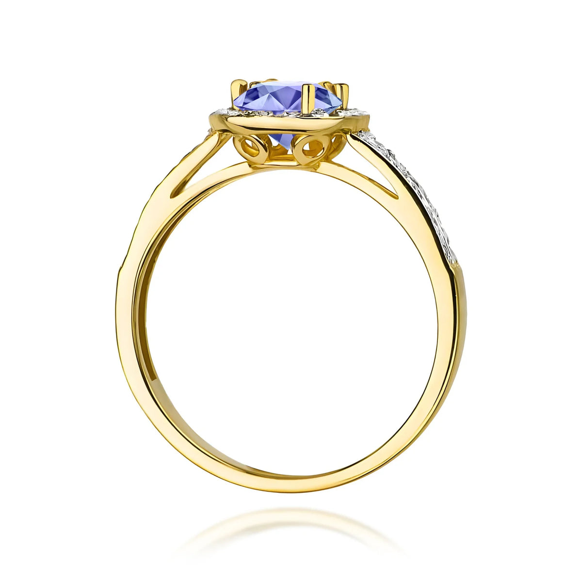 Pavé prsteň zo žltého 14k zlata s okrúhlym tanzanitom 0,50 ct a diamantmi 0,20 ct