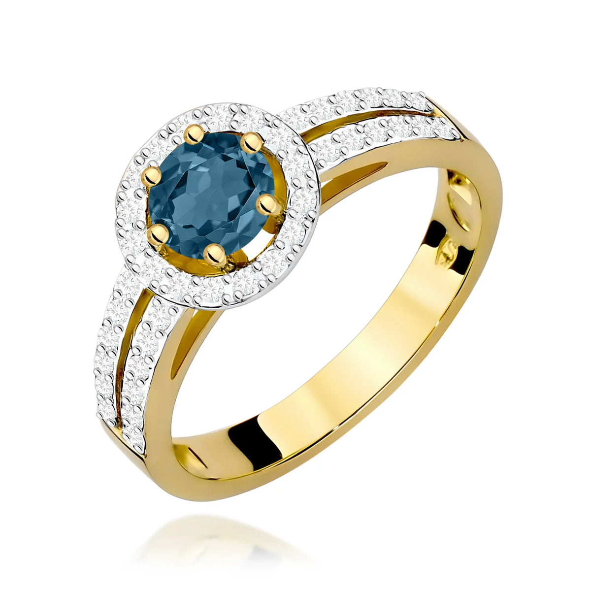 Halo-Pavé-Ring aus 585er Gelbgold mit rundem London-Blue-Topas 0,50 ct und Diamanten 0,20 ct