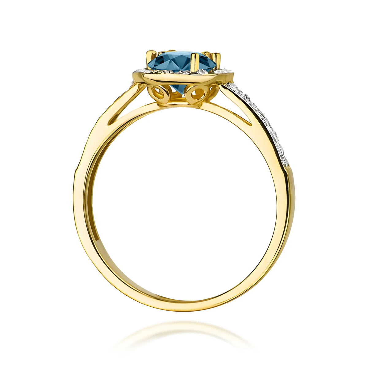 Halo-Pavé-Ring aus 585er Gelbgold mit rundem London-Blue-Topas 0,50 ct und Diamanten 0,20 ct