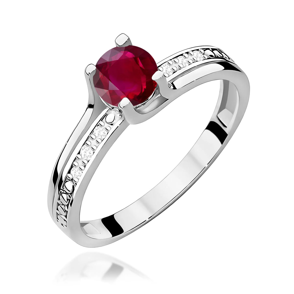 Halo prsten z bílého 14k zlata s kulatým rubínem 0,60 ct a diamanty 0,03 ct