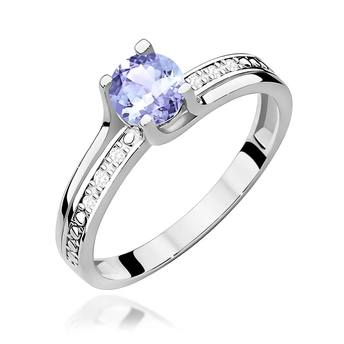 Halo prsteň z bieleho 14k zlata s okrúhlym tanzanitom 0,50 ct a diamantmi 0,03 ct