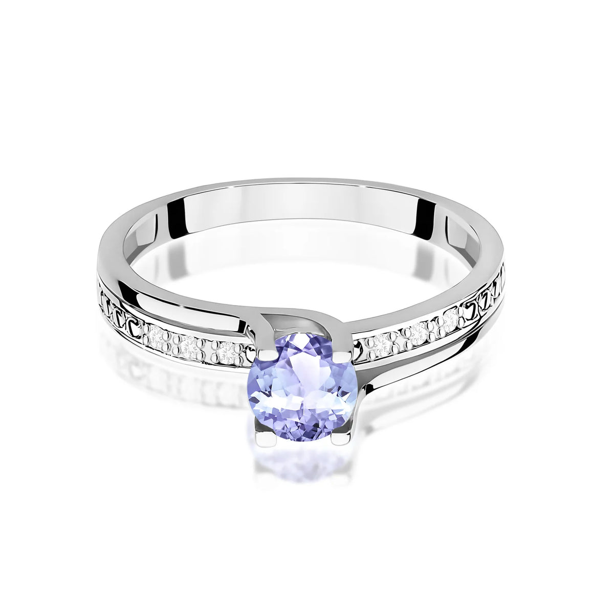 Halo prsteň z bieleho 14k zlata s okrúhlym tanzanitom 0,50 ct a diamantmi 0,03 ct