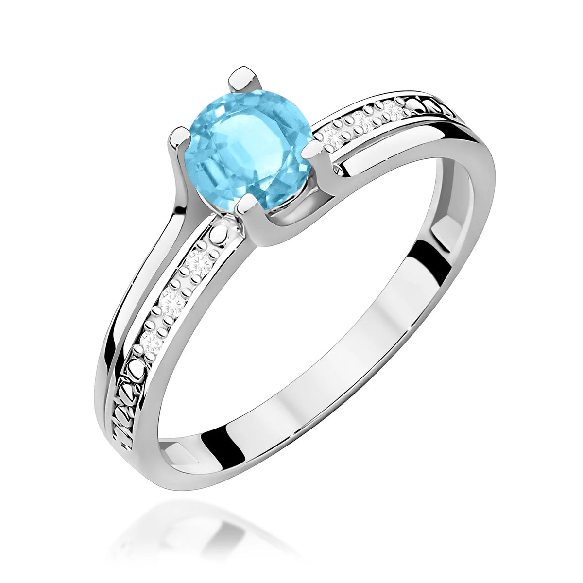 Halo prsteň z bieleho 14k zlata s okrúhlym topásom Swiss Blue 0,50 ct a diamantmi 0,03 ct