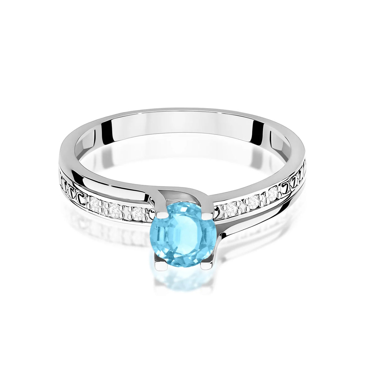 Halo prsteň z bieleho 14k zlata s okrúhlym topásom Swiss Blue 0,50 ct a diamantmi 0,03 ct