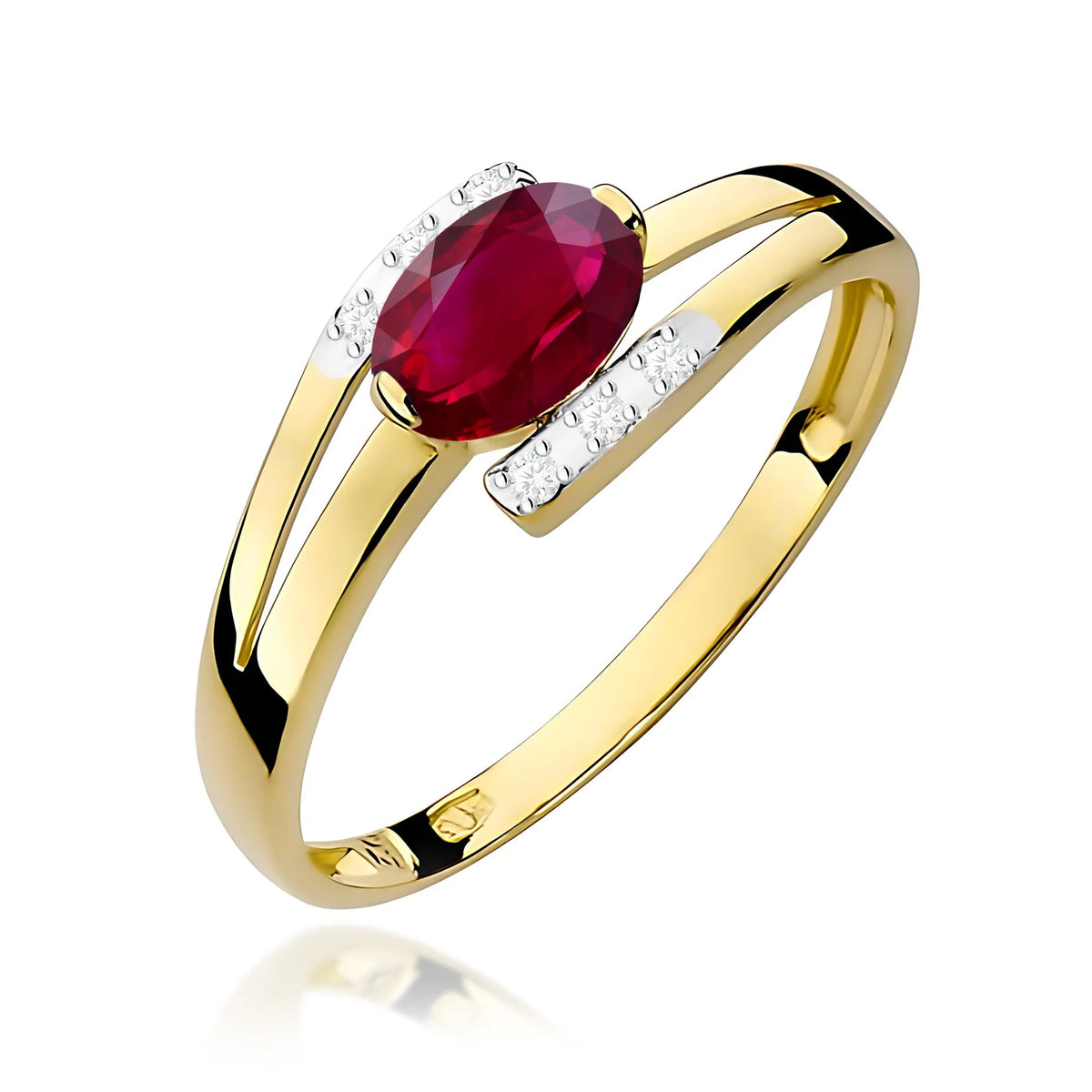 Prsteň zo žltého 14k zlata s oválnym rubínom 0,60 ct a diamantmi 0,052 ct