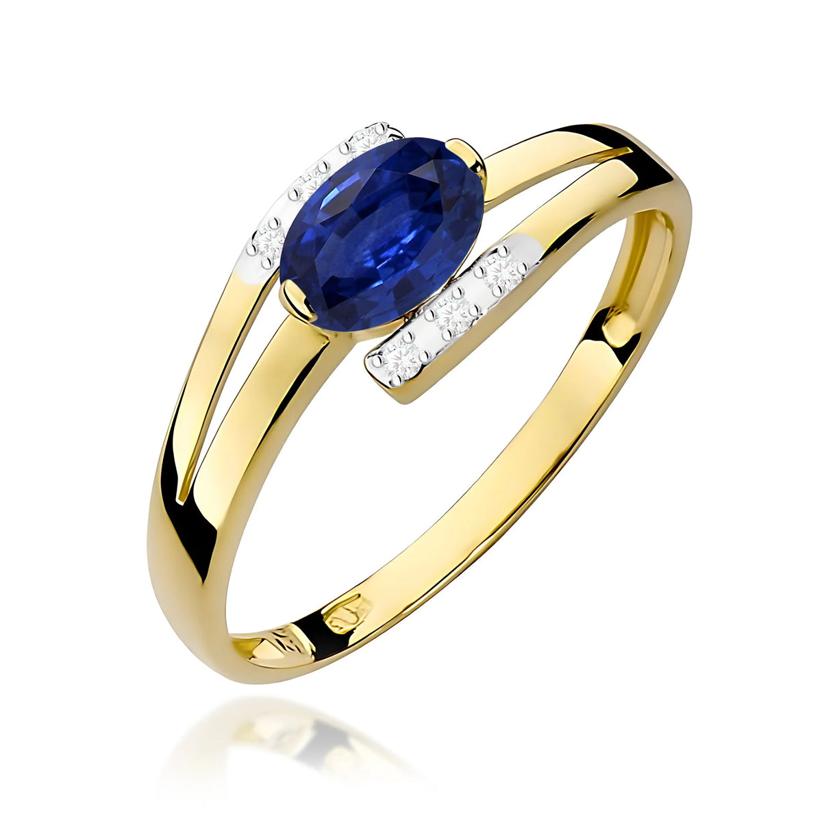 Prsten ze žlutého 14k zlata s oválným modrým safírem 0,70 ct a diamanty 0,052 ct