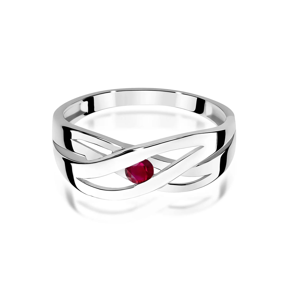 Prelamovaný prsteň z bieleho 14k zlata s okrúhlym rubínom 0,15 ct