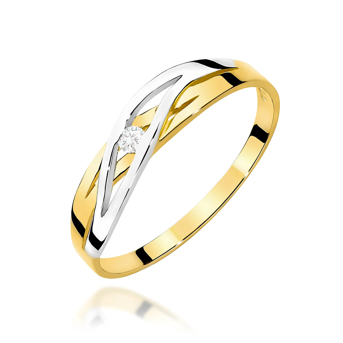 Prelamovaný prsteň zo žltého 14k zlata s okrúhlym diamantom 0,05 ct