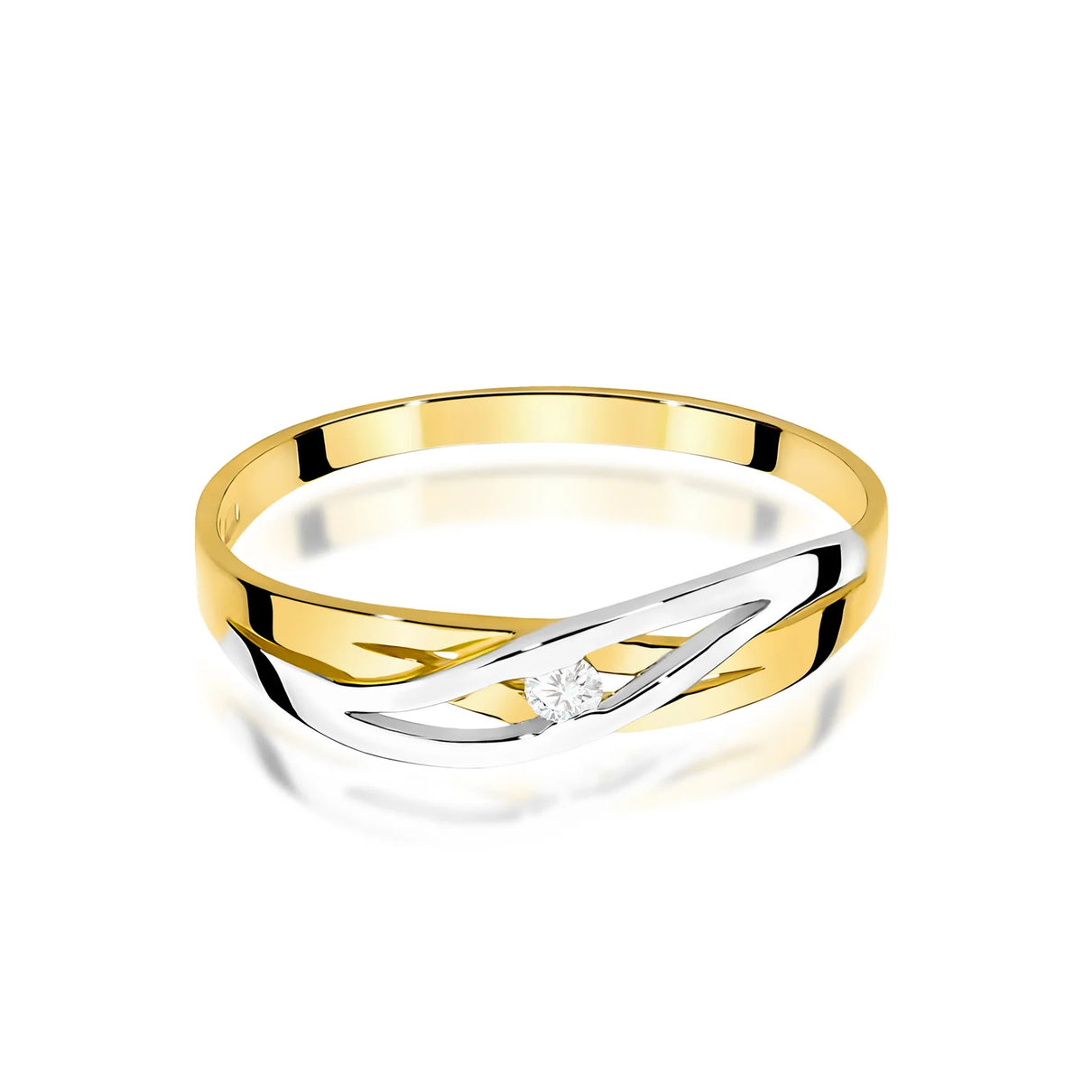 Prelamovaný prsteň zo žltého 14k zlata s okrúhlym diamantom 0,05 ct