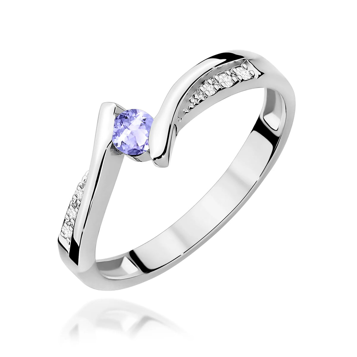 Prsteň s otvorenou obrúčkou z bieleho 14k zlata s tanzanitom 0,15 ct a diamantmi 0,03 ct