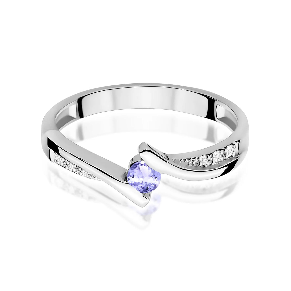 Prsteň s otvorenou obrúčkou z bieleho 14k zlata s tanzanitom 0,15 ct a diamantmi 0,03 ct