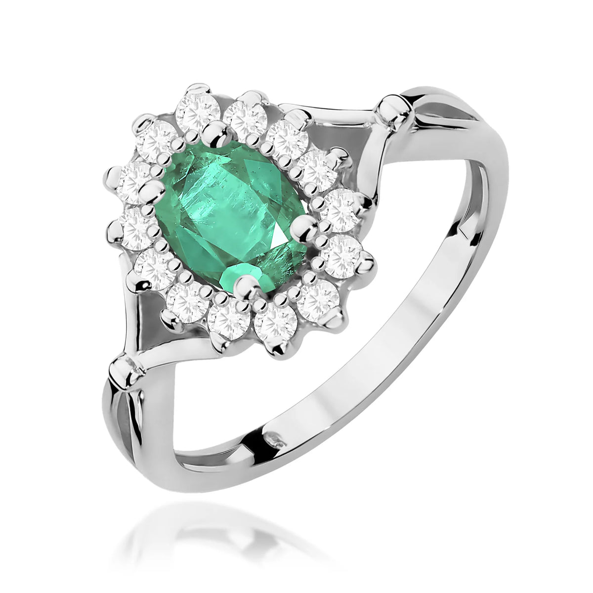Floraler Cluster-Halo-Ring aus 585er Weißgold mit ovalem Smaragd 0,80 ct und Diamanten 0,28 ct