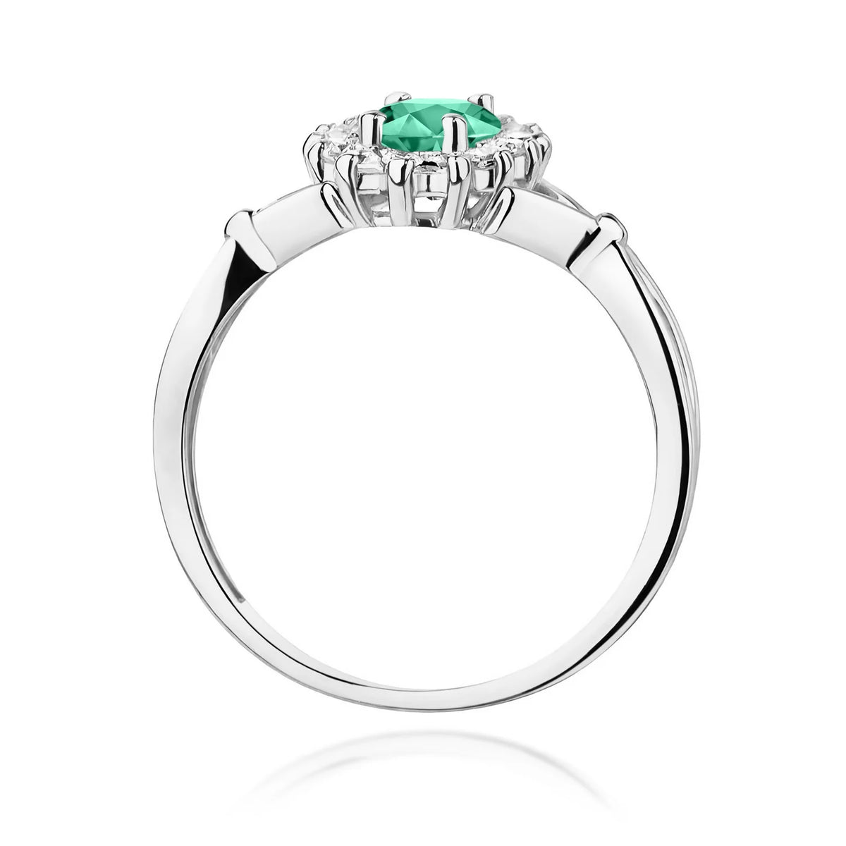 Floraler Cluster-Halo-Ring aus 585er Weißgold mit ovalem Smaragd 0,80 ct und Diamanten 0,28 ct