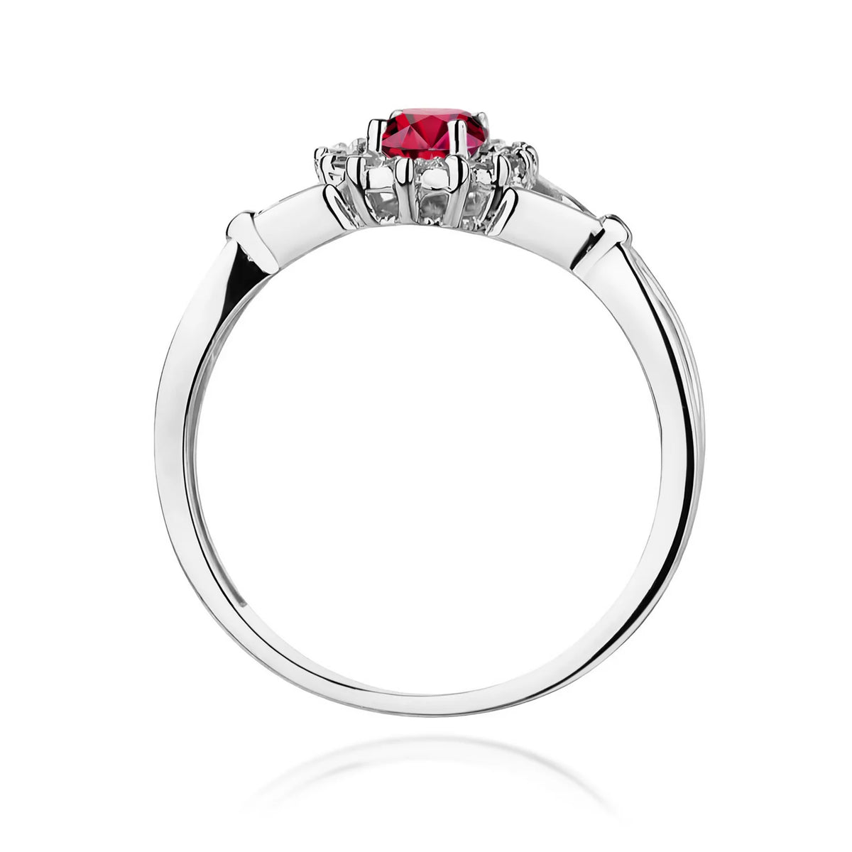 Kruhový prsten z bílého 14k zlata s dělenými rameny s oválným rubínem 0,60 ct a diamanty 0,12 ct