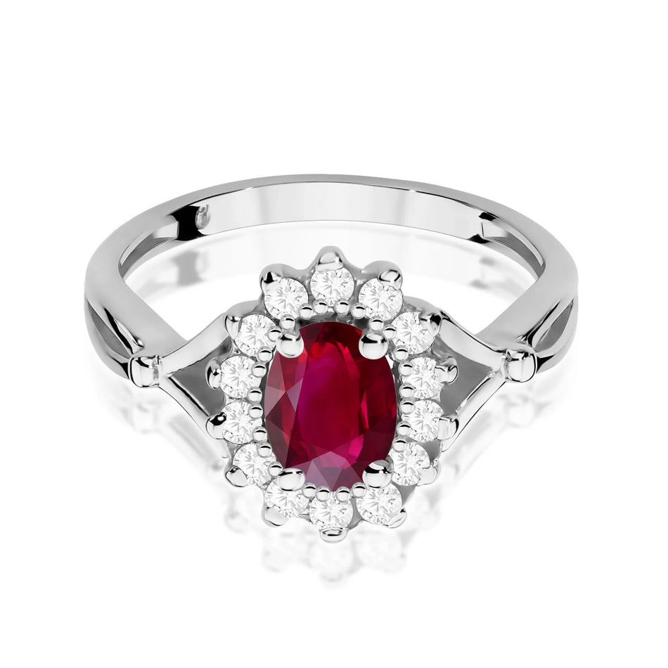 Weißgoldring mit 1,00 ct Rubin und 0,28 ct Diamanten