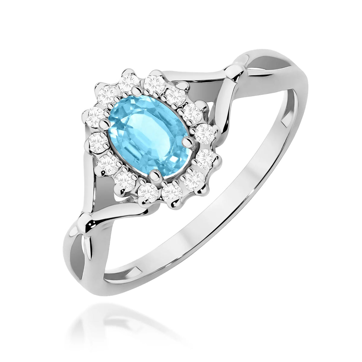 Halo prsteň z bieleho 14k zlata s delenými ramenami, oválnym topásom Swiss Blue 0,50 ct a diamantmi 0,12 ct