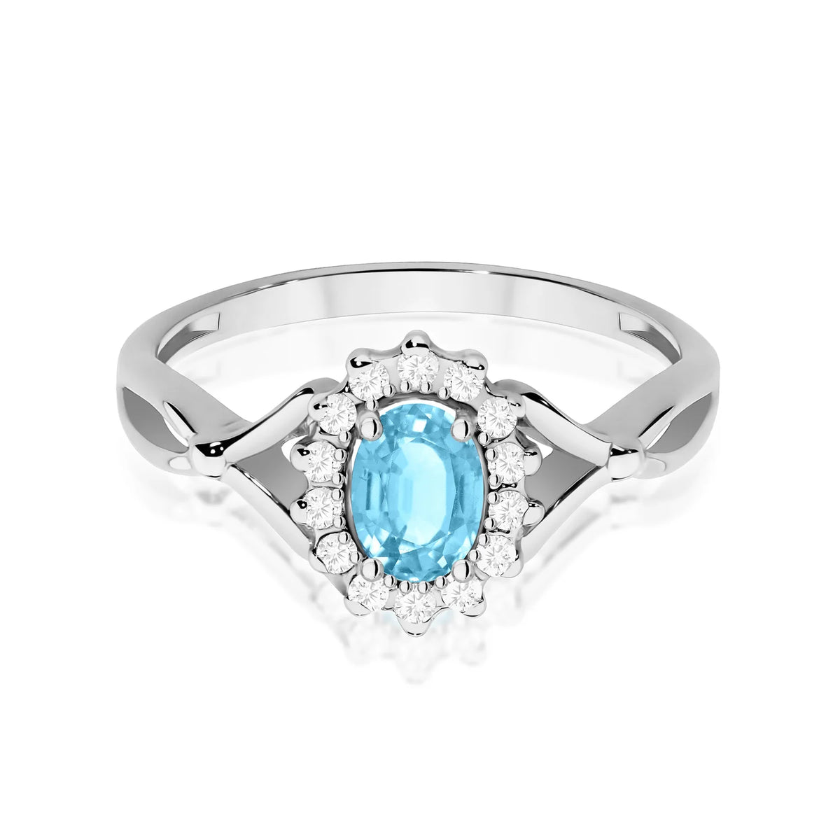 Halo prsteň z bieleho 14k zlata s delenými ramenami, oválnym topásom Swiss Blue 0,50 ct a diamantmi 0,12 ct