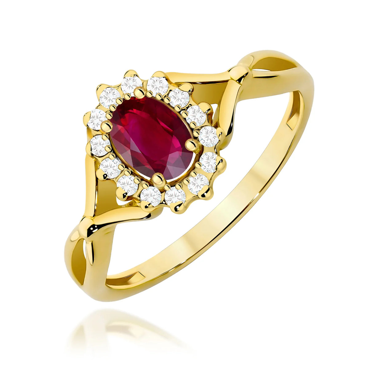 Prsteň zo žltého 14k zlata s delenými ramenami a halo prsteňom s oválnym rubínom 0,60 ct a diamantmi 0,12 ct