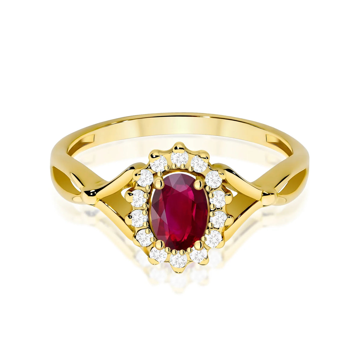 Prsteň zo žltého 14k zlata s delenými ramenami a halo prsteňom s oválnym rubínom 0,60 ct a diamantmi 0,12 ct