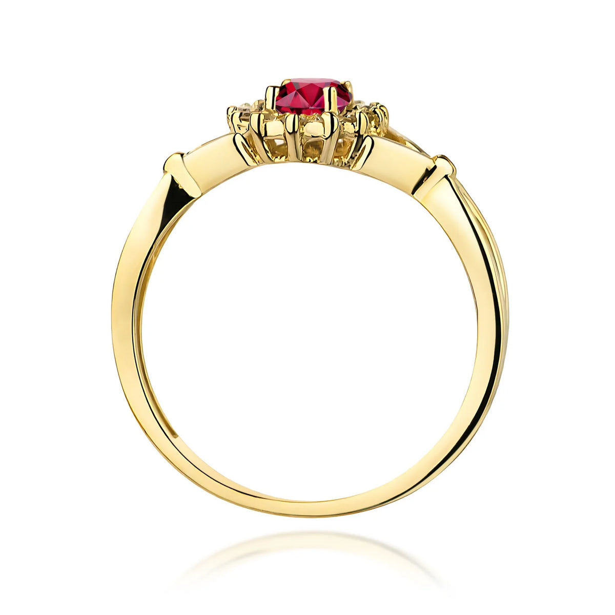 Prsteň zo žltého 14k zlata s delenými ramenami a halo prsteňom s oválnym rubínom 0,60 ct a diamantmi 0,12 ct