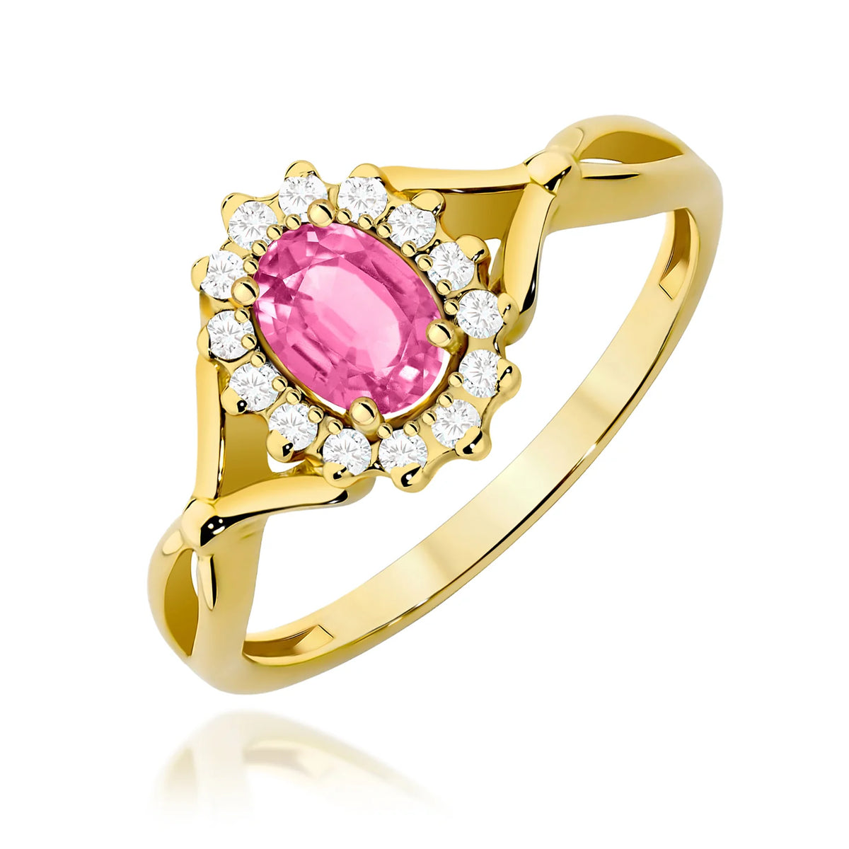 Prsten ze žlutého 14k zlata s dělenými rameny s halo prstenem s oválným růžovým topazem 0,50 ct a diamanty 0,28 ct