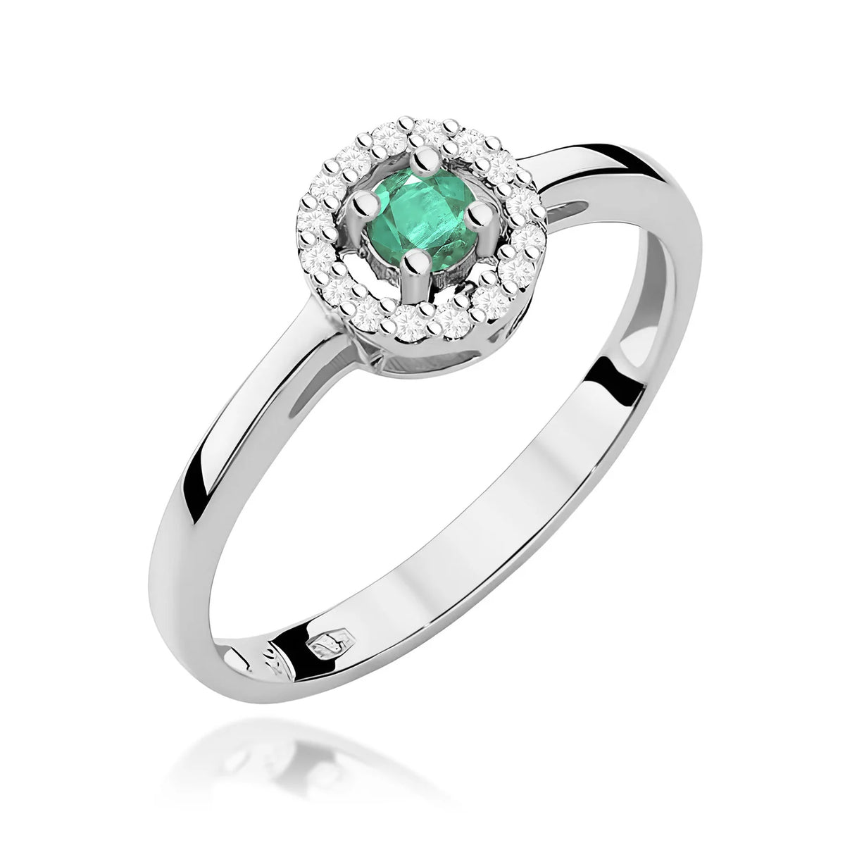 Abgerundeter quadratischer Halo-Ring aus 585er Weißgold mit 0,15 ct Smaragd und 0,08 ct Diamanten