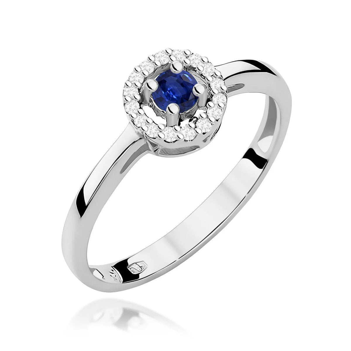 Halo prsteň z bieleho 14k zlata – modrý zafír 0,15 ct a diamantmi 0,08 ct
