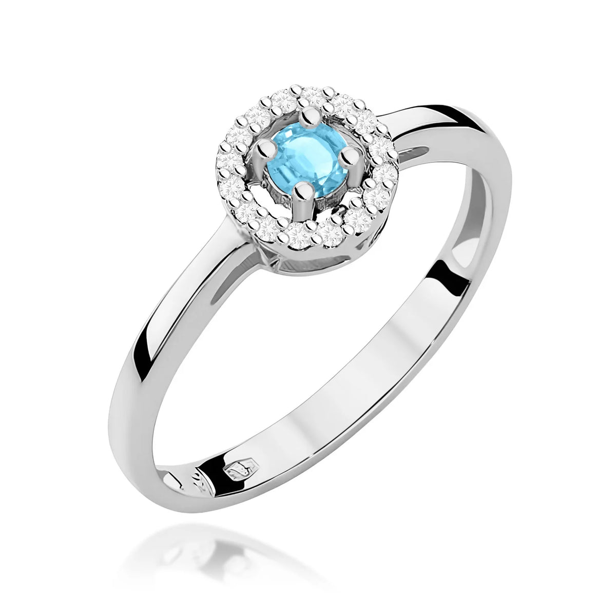 Okrúhly štvorcový prsteň z bieleho 14k zlata s topásom Swiss Blue 0,15 ct a diamantmi 0,08 ct