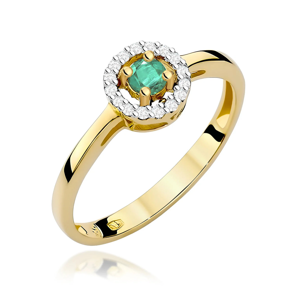 Zaoblený štvorcový prsteň zo žltého 14k zlata so smaragdom 0,15 ct a diamantmi 0,08 ct
