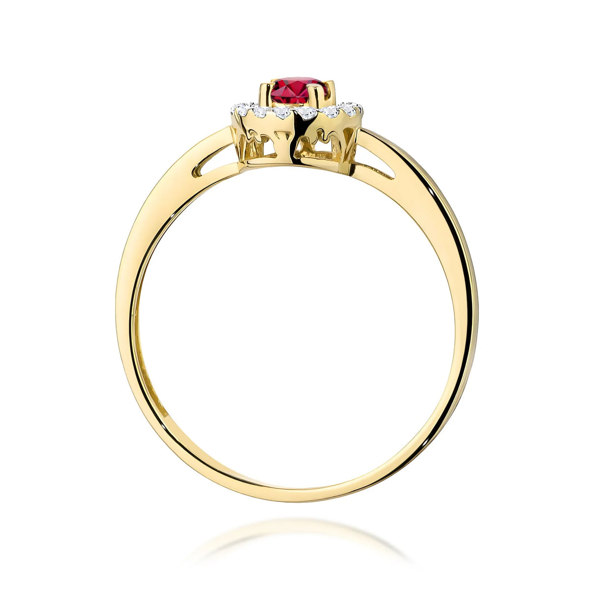Zaoblený štvorcový prsteň zo žltého 14k zlata s rubínom 0,15 ct a diamantmi 0,08 ct
