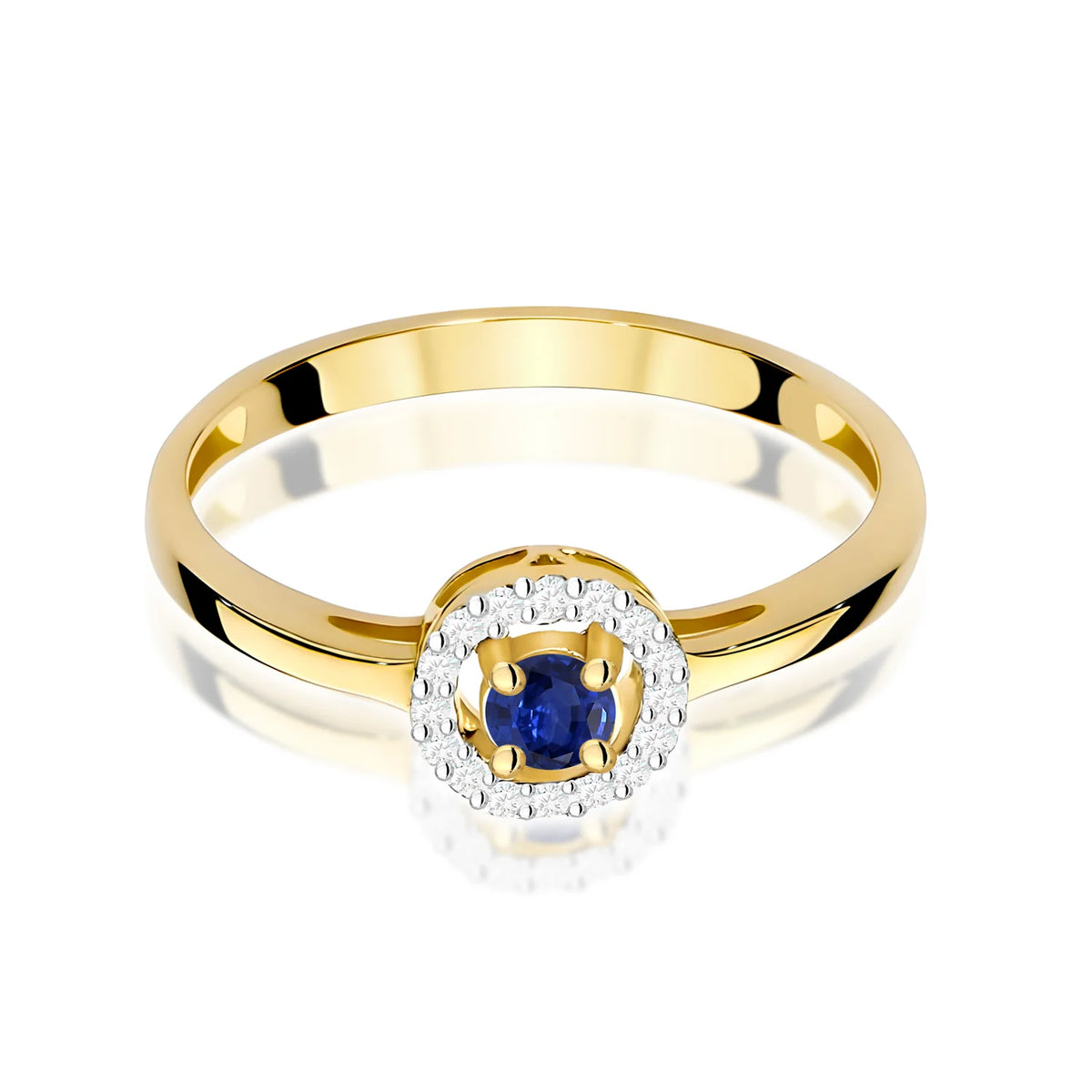 Zaoblený štvorcový prsteň zo žltého 14k zlata s modrým zafírom 0,15 ct a diamantmi 0,08 ct