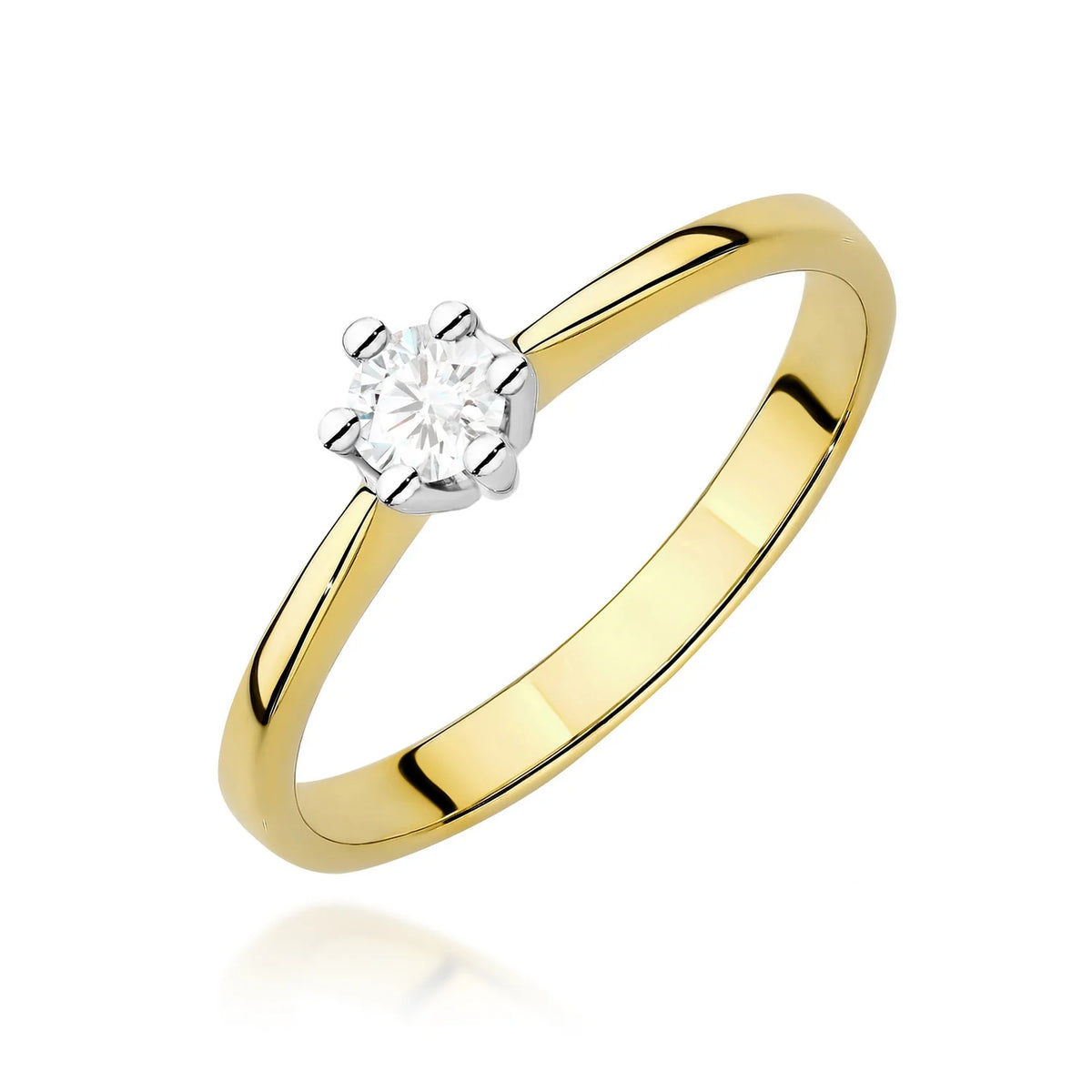 Solitérny zásnubný prsteň s osadením do šiestich krapní zo žltého 14k zlata s úzkymi zúženými ramenami a diamantom 0,15 ct