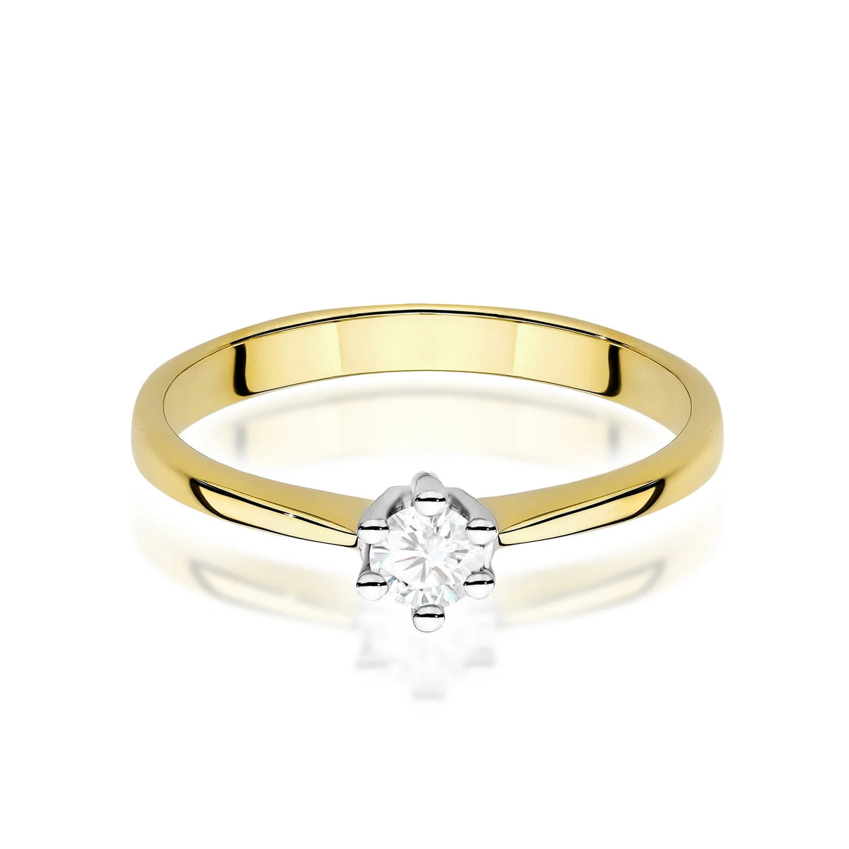 Solitérny zásnubný prsteň s osadením do šiestich krapní zo žltého 14k zlata s úzkymi zúženými ramenami a diamantom 0,15 ct