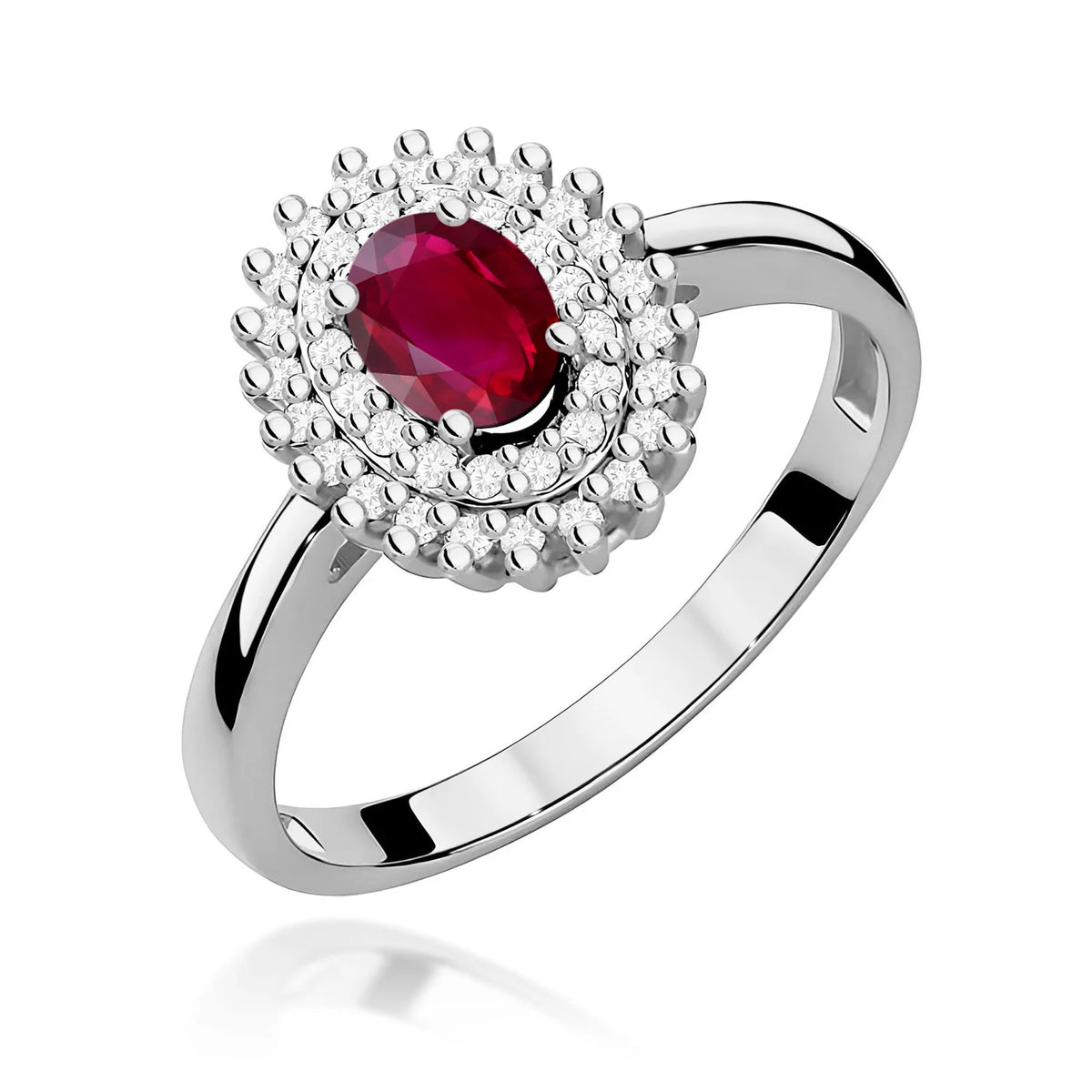 Oválny rubínový prsteň s dvojitým halo z bieleho 14k zlata s rubínom 0,60 ct a diamantmi 0,195 ct