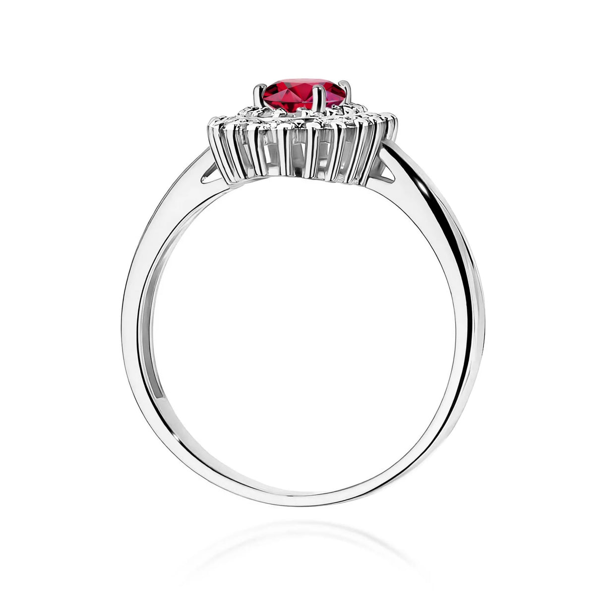 Oválny rubínový prsteň s dvojitým halo z bieleho 14k zlata s rubínom 0,60 ct a diamantmi 0,195 ct