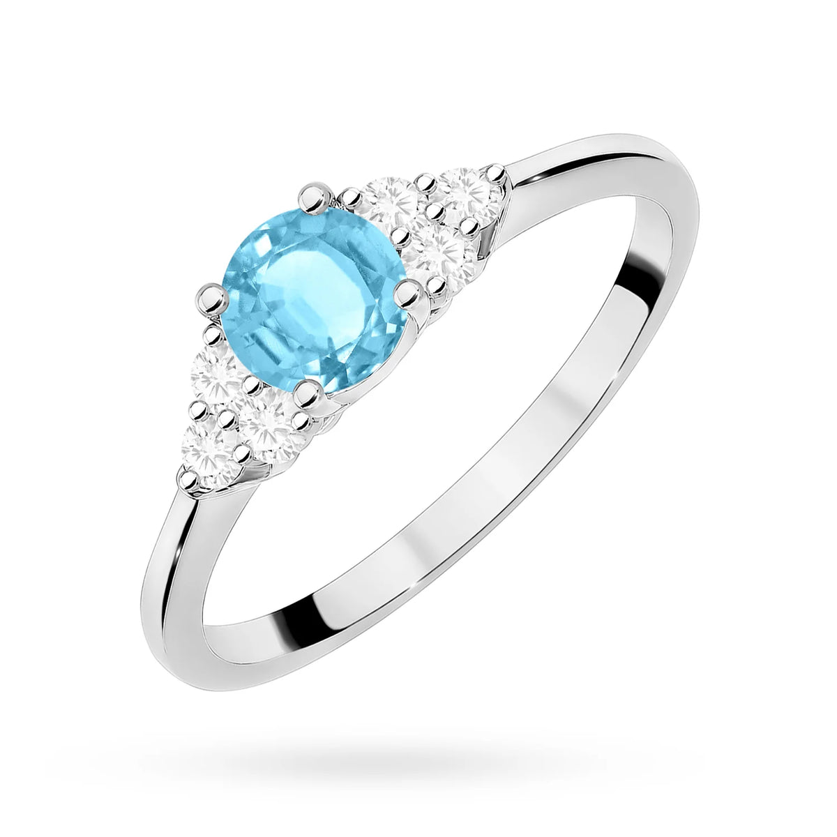 Postranní prsten s diamantem z bílého 14k zlata s topazem Swiss Blue 0,50 ct a diamanty 0,18 ct